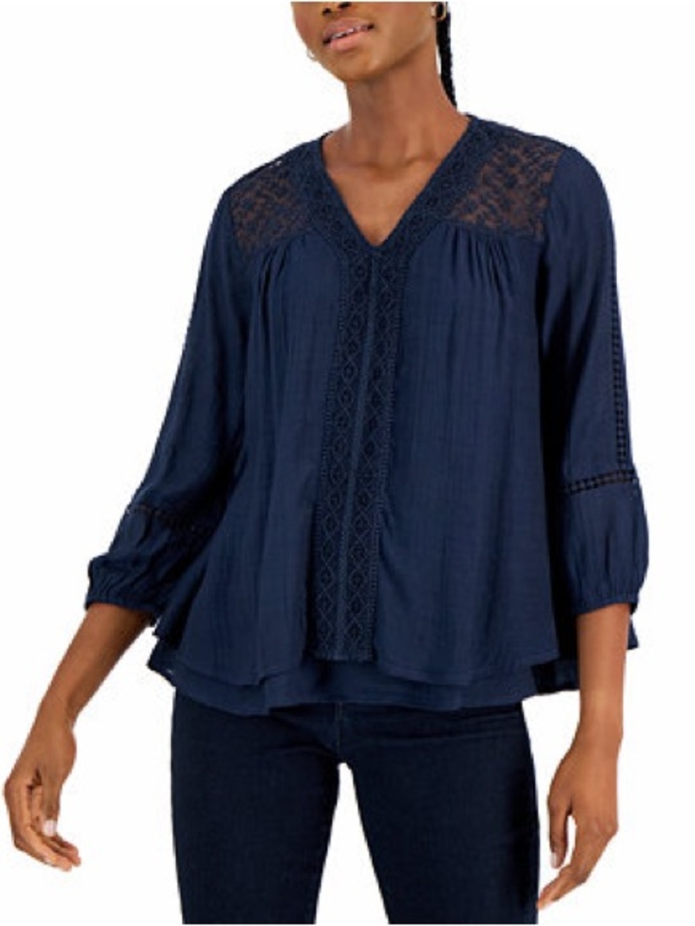 Style & Co. Navy Lace-Trim V-Neck Peasant Blouse
